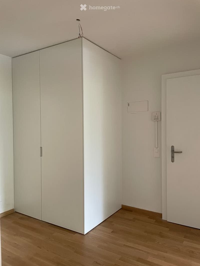 Empty room with light-colored walls, wooden flooring, and a large white closet with double doors. A white door is visible on the right side.