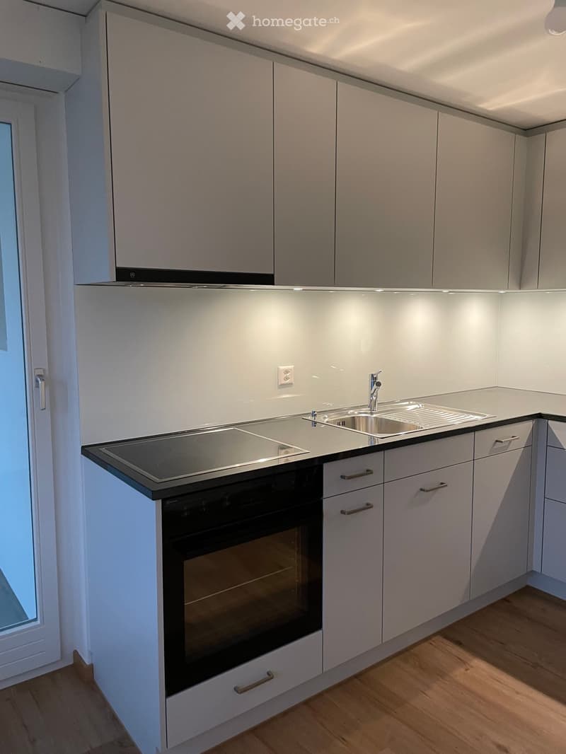 Modern kitchen with white cabinets, stainless steel sink, and built-in oven. Features a sleek, minimalist design with a wooden floor.