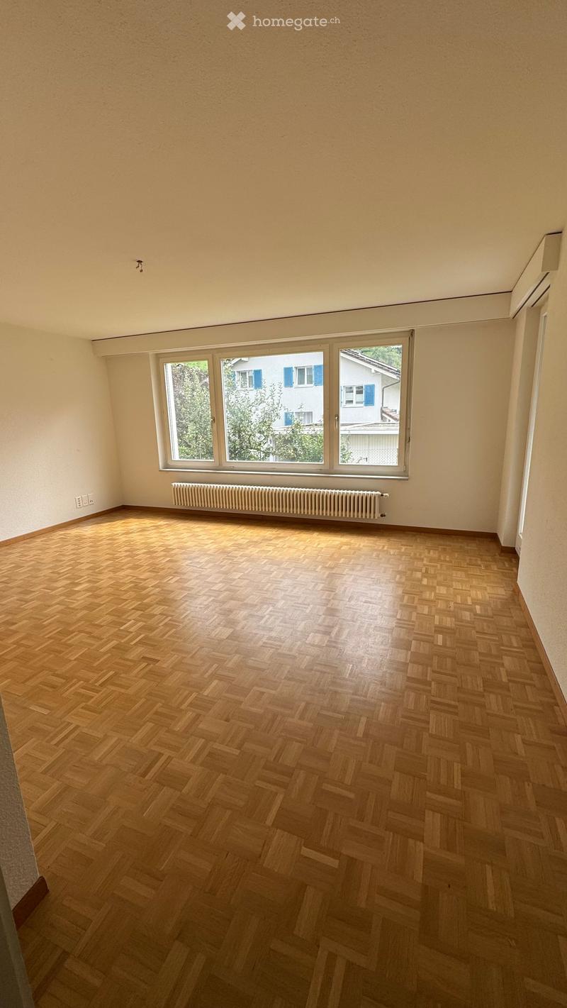 Empty room with wooden herringbone flooring, large window with white frame, radiator below window, and light-colored walls.