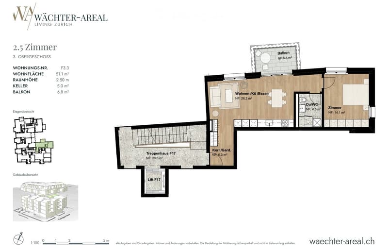 Floor plan of a 2.5-room apartment on the third floor, including living/dining area, bedroom, bathroom, balcony, hallway, and staircase.