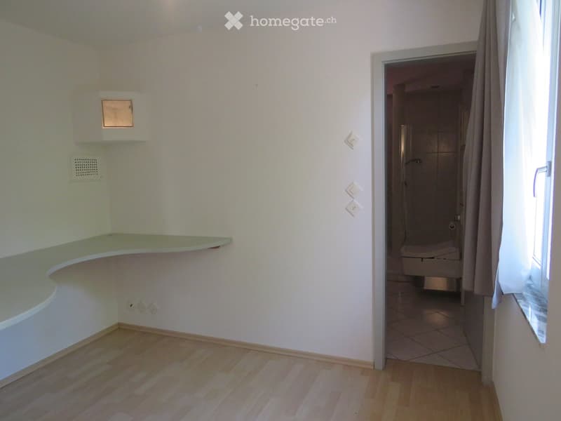 Bathroom with wooden flooring, white walls, a sink with a countertop, and a toilet visible through an open doorway.