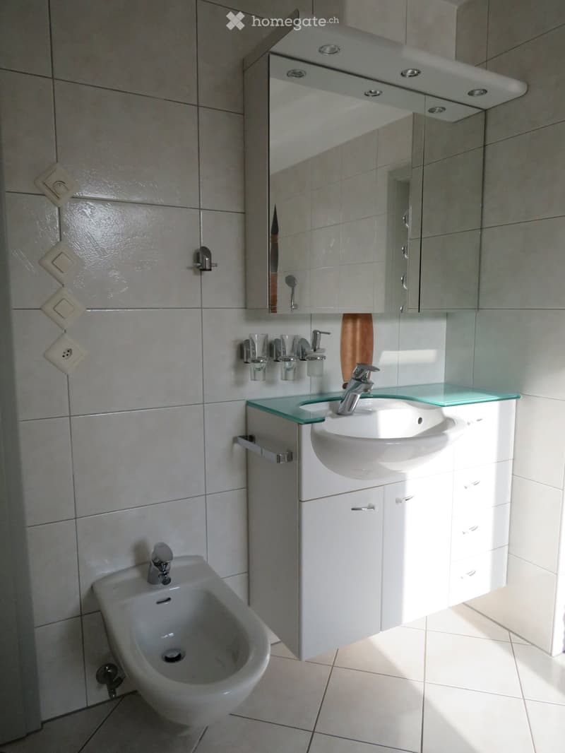 Modern bathroom with white tiles, a sink with a glass countertop, a mirror cabinet, and a bidet.