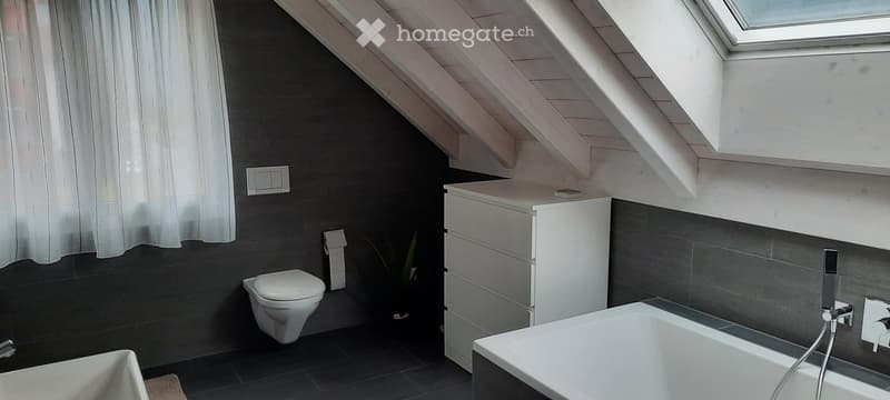 Modern bathroom with dark grey tiles, white fixtures, and a skylight window. Features a toilet, bathtub, sink, and cabinet.