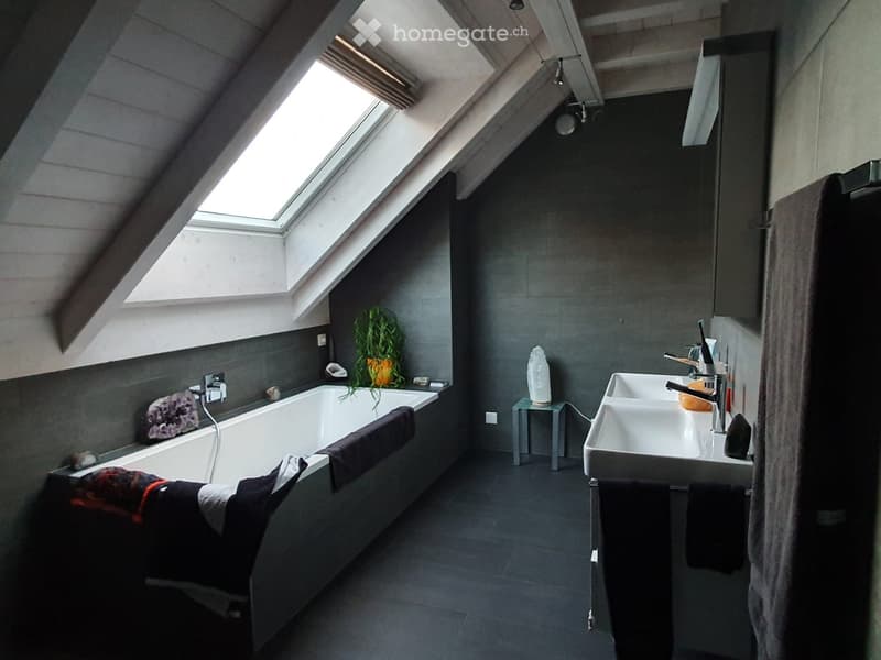 Modern bathroom with a large bathtub, double sink, and skylight windows. Features include a decorative vase, small table, and plant on the windowsill.