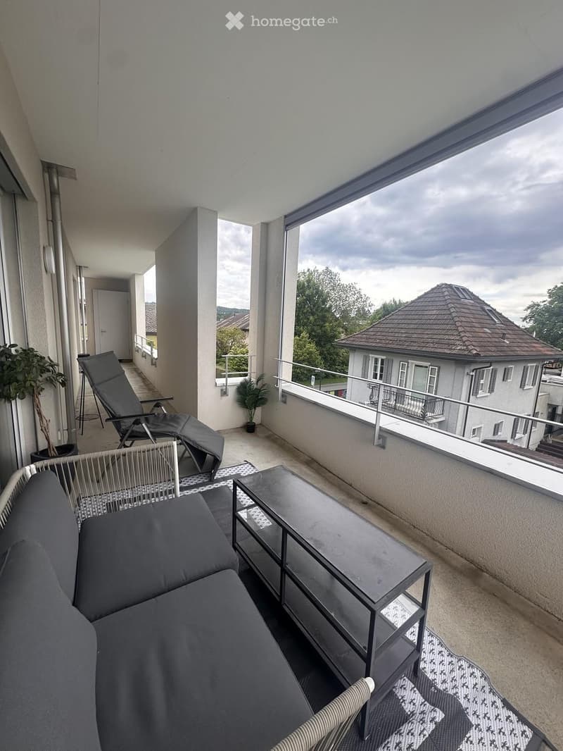 Balcony with a grey sofa, a black glass table, a sun lounger, and potted plants, overlooking a residential area.