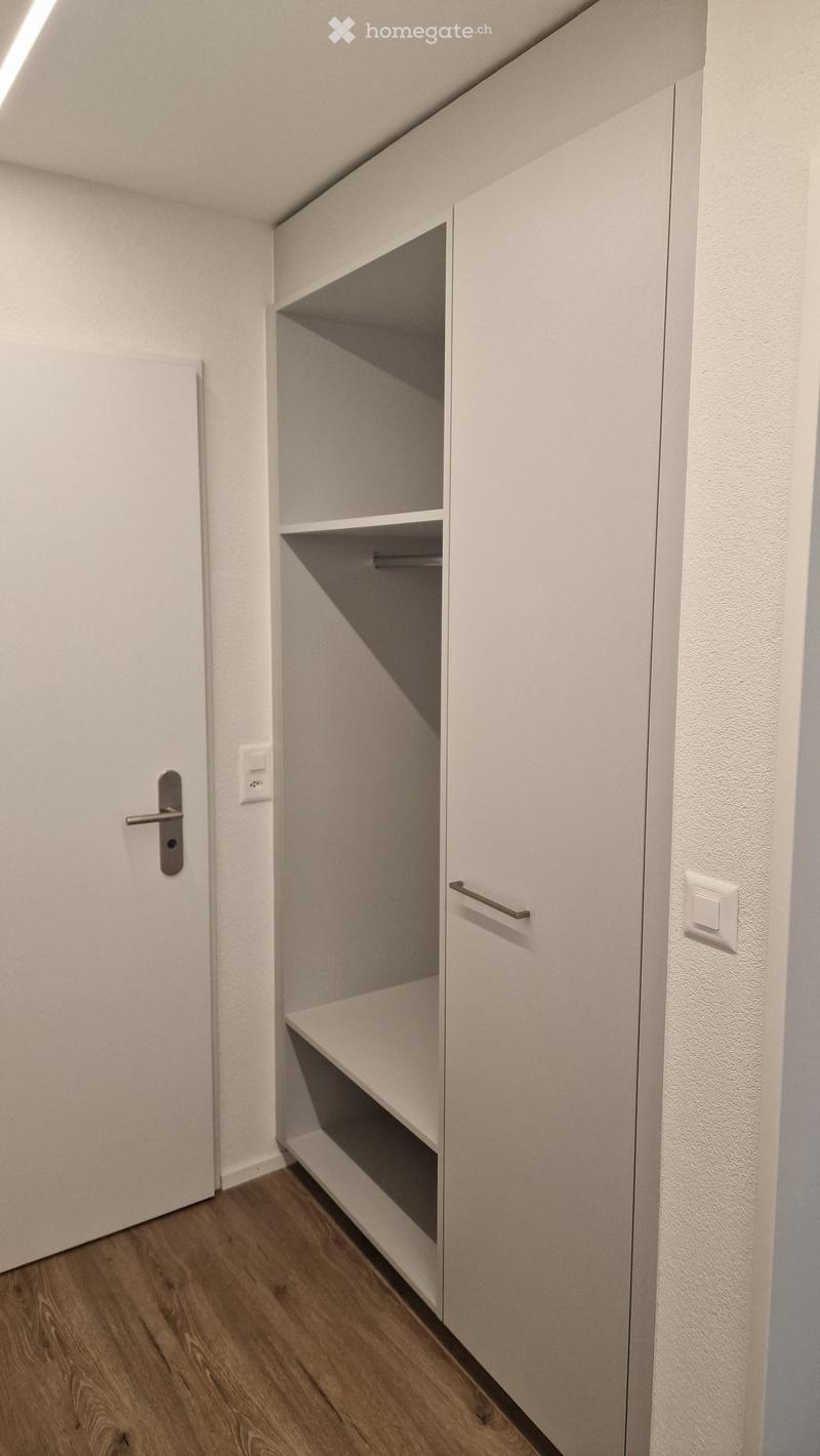 A narrow hallway with white walls, wooden flooring, and built-in white shelving unit with open compartments and closed doors.