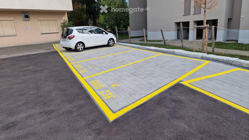 Parking lot with marked spaces, a white car parked, and a building in the background.