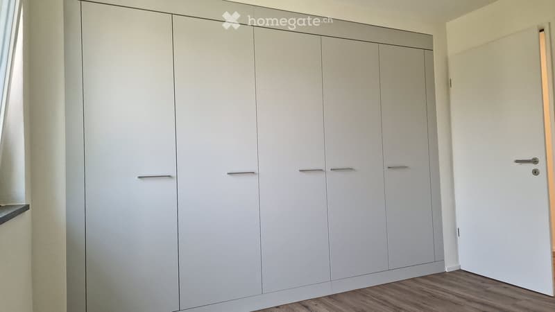 Empty room with light-colored walls, wooden flooring, and large built-in wardrobes with silver handles.