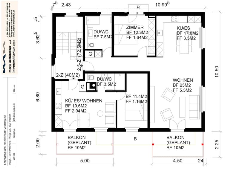 Floor plan of a residential unit with multiple rooms including a living area, kitchen, bedrooms, bathrooms, and two planned balconies.