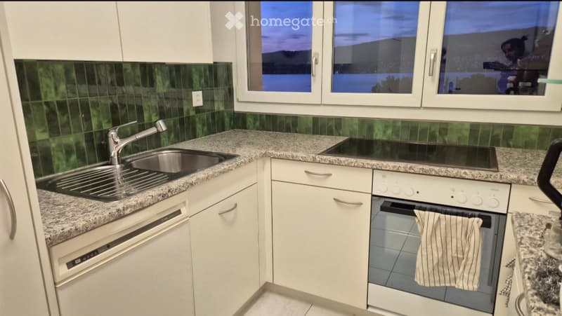 Modern kitchen with white cabinets, granite countertops, stainless steel sink, dishwasher, electric stove, and oven. Green tiled backsplash and large windows.