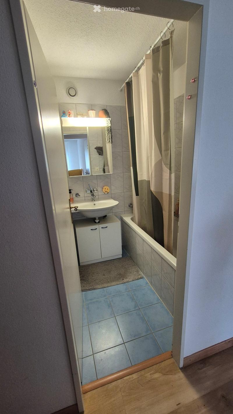 Bathroom with a sink, mirror, cabinet, bathtub, and shower curtain. The floor is tiled, and the walls are tiled with a mix of light and dark tiles.