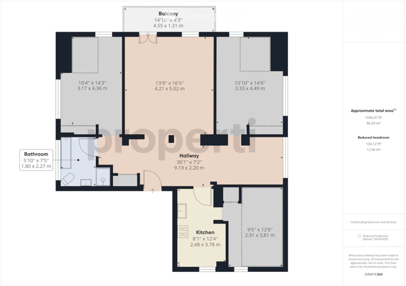 Floor plan of a residential unit featuring a living room, kitchen, two bedrooms, a bathroom, hallway, and balcony.