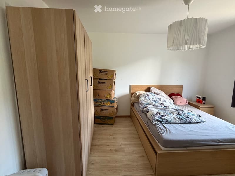 Cozy bedroom with a single bed, nightstand, wardrobe, and a hanging lamp. The bed is made with patterned bedding and pillows, and there are stacked cardboard boxes near the wardrobe.