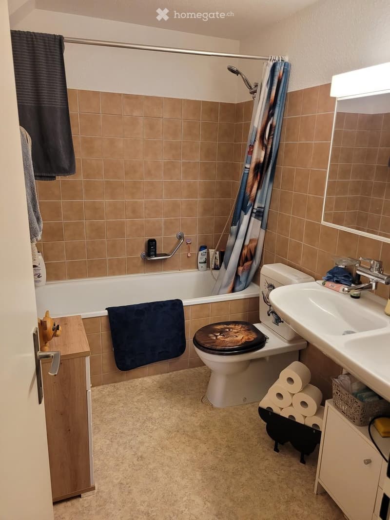 Bathroom with beige tiled walls, a bathtub, toilet, sink, mirror, and a shower curtain. Toilet paper is stacked on a small stand, and towels are placed on the edge of the bathtub and a wooden shelf.