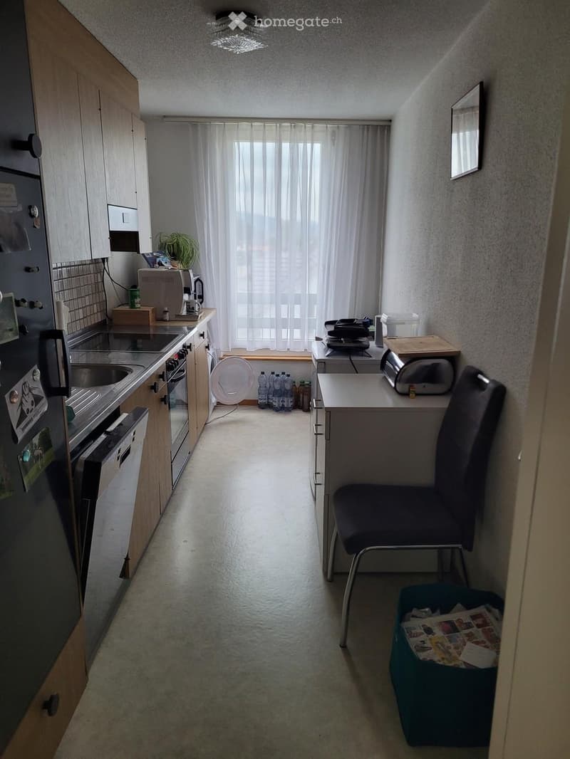 The kitchen features wooden cabinets, a refrigerator, oven, sink, microwave, toaster, and a small table with a chair. There is a window with white curtains and a small plant on the counter.
