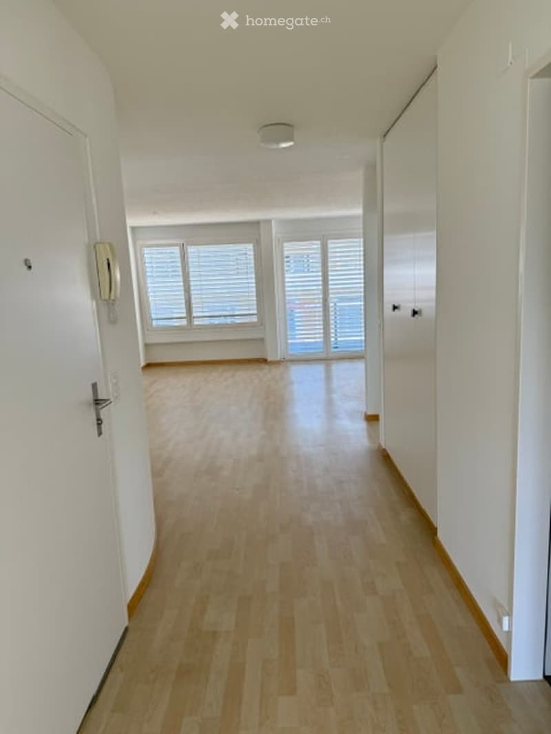 Empty hallway with light wooden flooring, white walls, and large windows with blinds at the end.