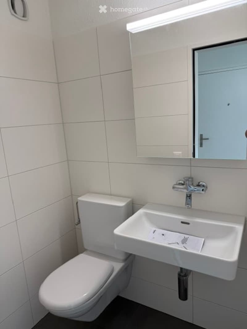 Modern bathroom with white tiled walls, a toilet, a sink with a chrome faucet, and a mirrored cabinet above the sink.