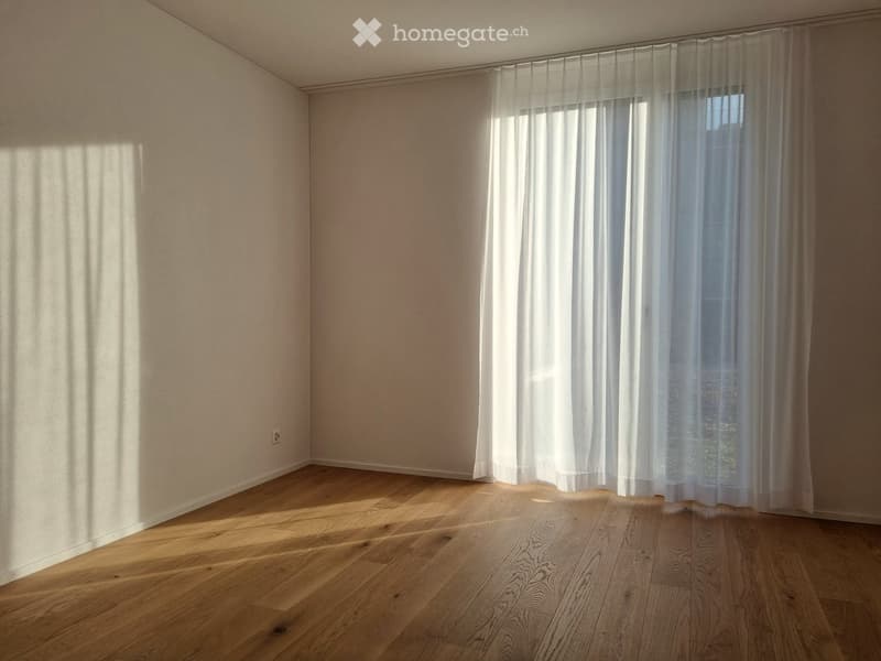 empty room, wooden floor, white walls, white curtains, power outlet, sun light from windows