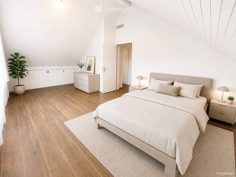 Modern bedroom with a large bed, nightstands, lamps, a drawer unit, a picture frame, and a potted plant. The room features wooden flooring and white walls with a slanted ceiling.