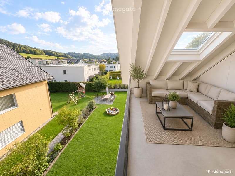 Balcony with a modern sofa, coffee table, and potted plants, overlooking a well-maintained garden with a playground and outdoor seating area.