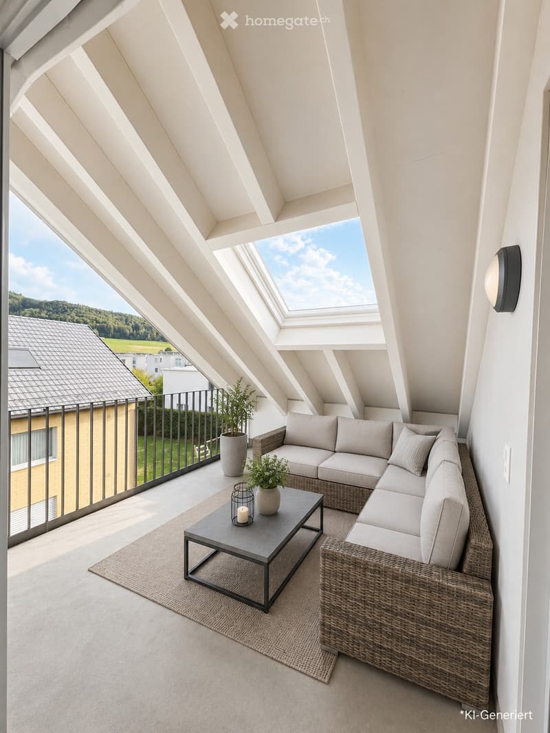 Modern balcony with skylight, white walls, grey sectional sofa, coffee table, potted plants, and a view of the landscape.