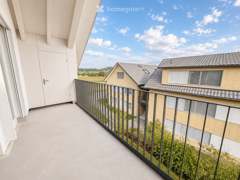 Balcony with metal railing, overlooking a residential area with houses and a clear sky.