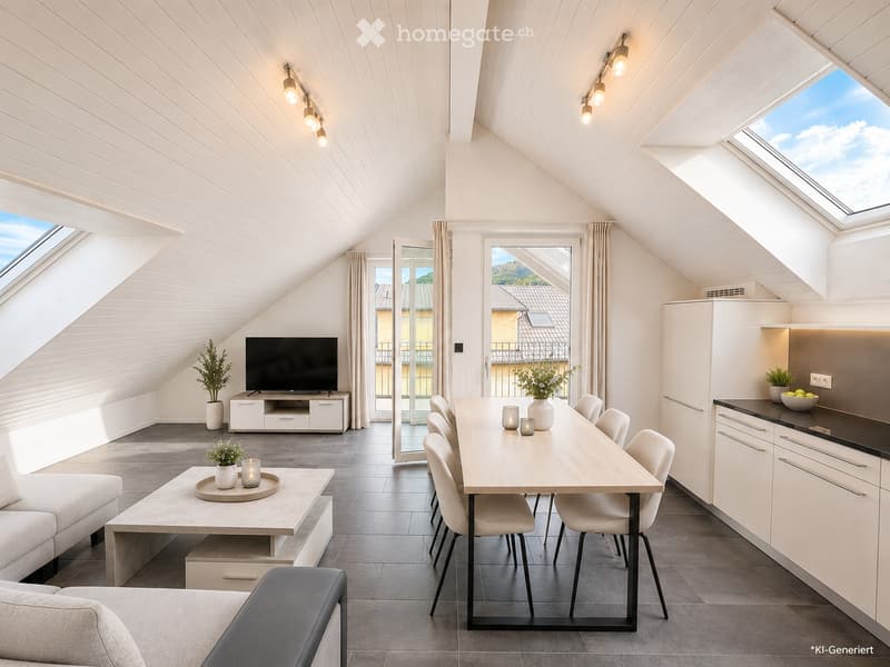 Open-plan attic space with slanted wooden ceilings, large windows, and skylights. Features a living area with a sofa, coffee table, and TV, a dining area with a table and chairs, and a modern kitchen with cabinets and countertop.