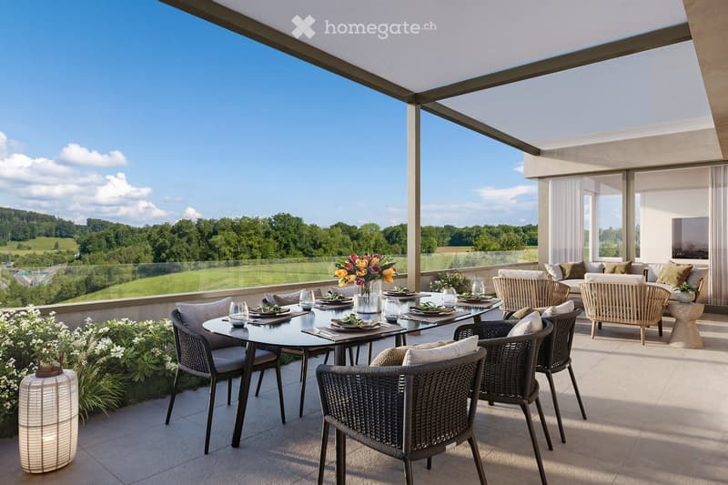 A modern outdoor terrace with a dining table, chairs, and lounge seating, overlooking a scenic landscape with trees and fields.