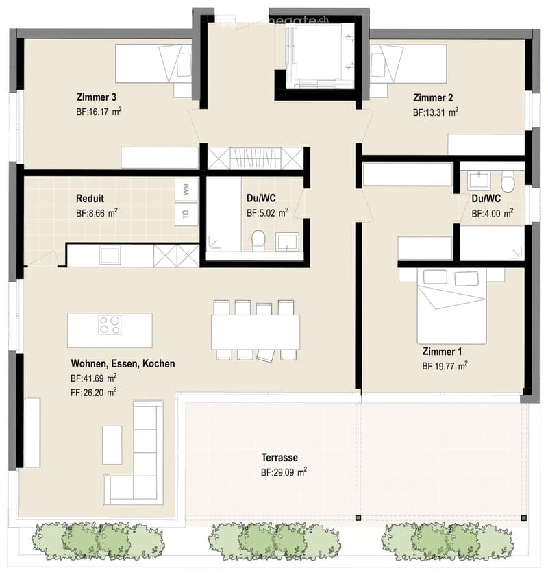 Floor plan showing a living, dining, and kitchen area, three bedrooms, two bathrooms, and a terrace.