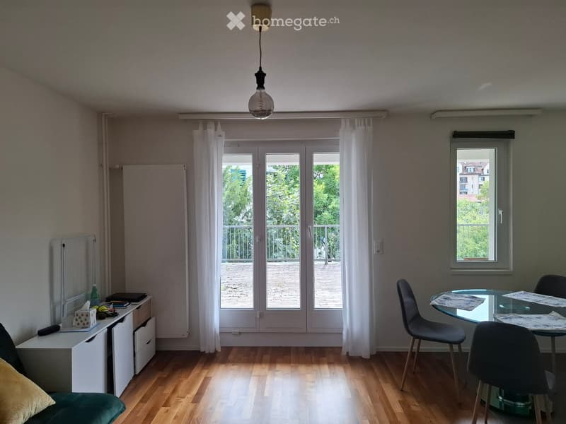 A modern, well-lit room with wooden flooring, large windows, and a balcony. Features include a green sofa, a glass dining table with chairs, a small cabinet with a laptop, and a hanging lamp.