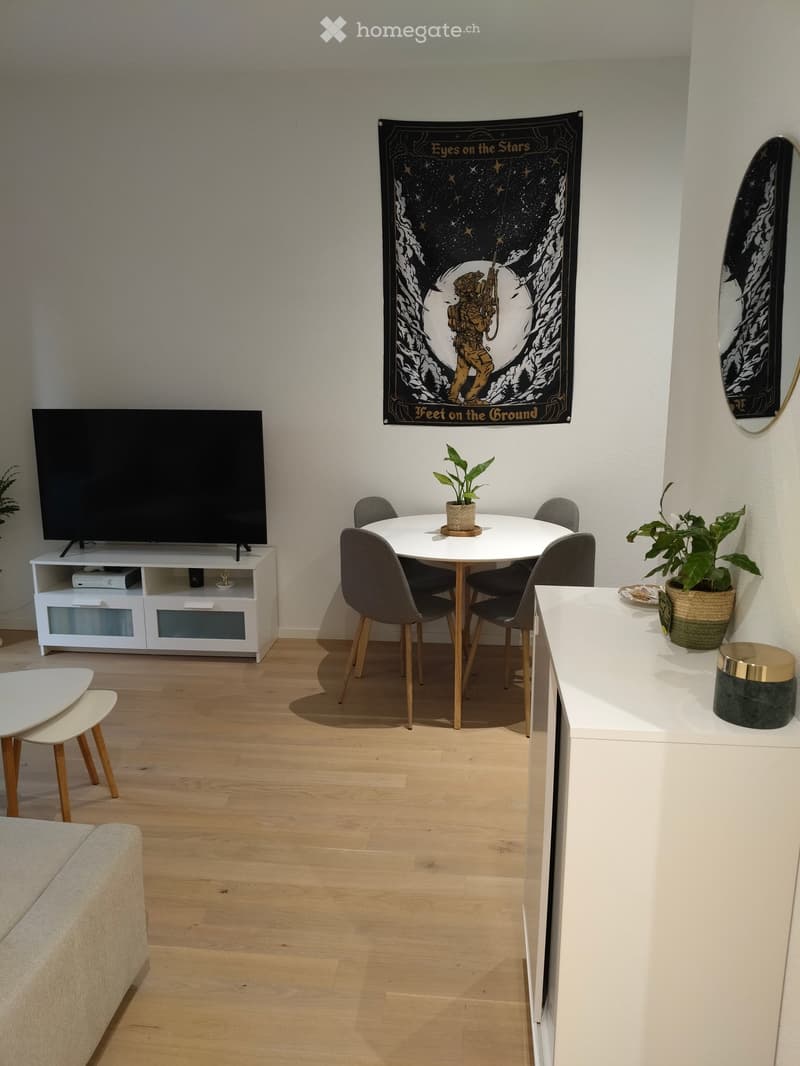 A modern living room with a light wooden floor, a grey sofa, a television on a white stand, a round dining table with four chairs, and potted plants on side tables.