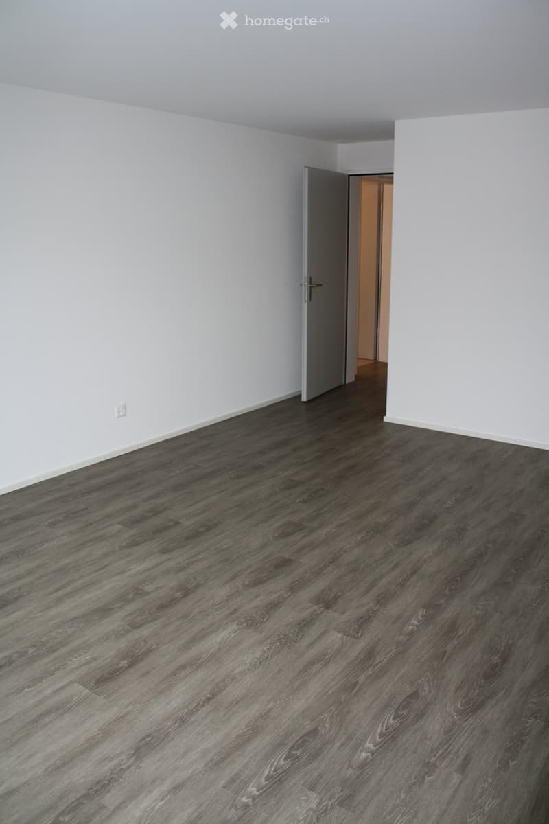Empty room with light grey walls, dark grey wood flooring, and a partially open door leading to another room.