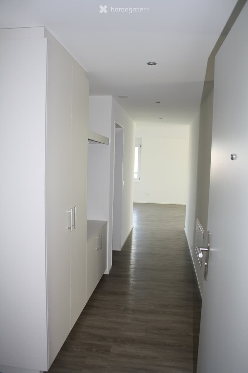 Empty hallway with light-colored walls, dark wooden flooring, and white cabinetry on one side.