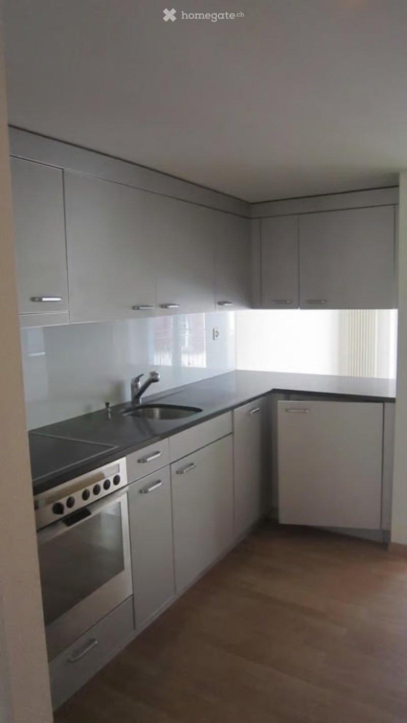 Modern kitchen with grey cabinets, stainless steel sink, and oven. Light-colored wooden floor.