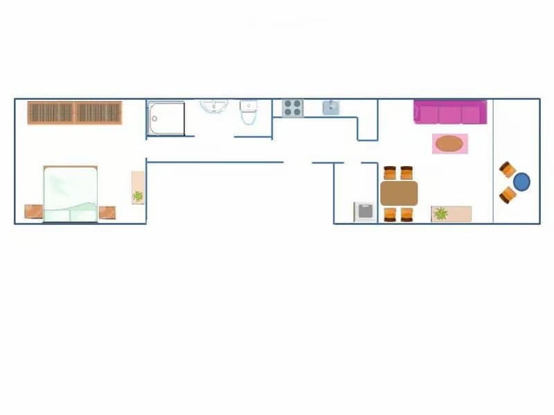 Floor plan of a compact apartment featuring a living room, dining area, kitchen, bedroom, and bathroom. Includes a small balcony and storage space.