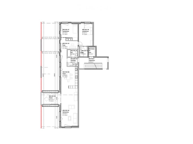 Floor plan of a residential unit with labeled rooms including living room, bedroom, kitchen, bathrooms, hallway, and staircase.
