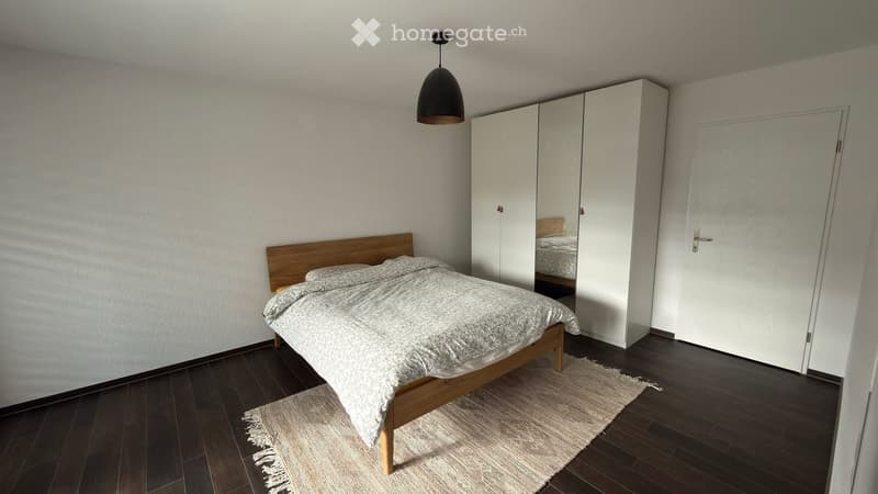 Modern bedroom with a wooden bed, white wardrobe with mirror, dark wooden floor, and a small rug.