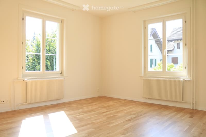 Empty room with light yellow walls, wooden flooring, two large windows with white frames, and radiators beneath each window.