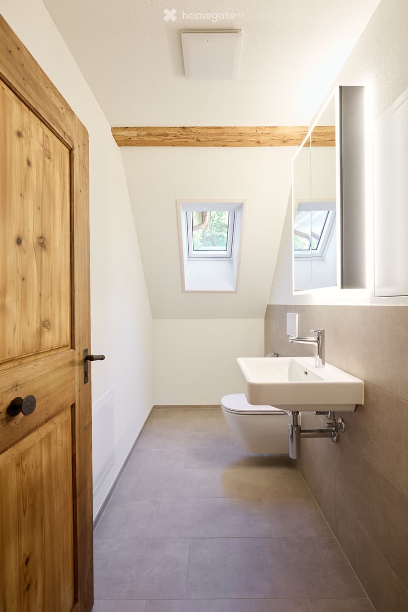 Modern bathroom with a white sink, chrome faucet, toilet, and a large mirror. The room features a skylight window and wooden beams on the ceiling.
