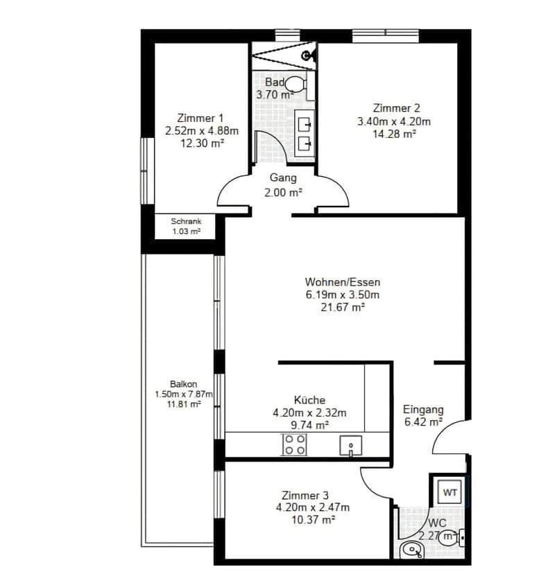 Floor plan of an apartment with three bedrooms, a bathroom, a kitchen, a living/dining area, a hallway, a balcony, and an entrance area.