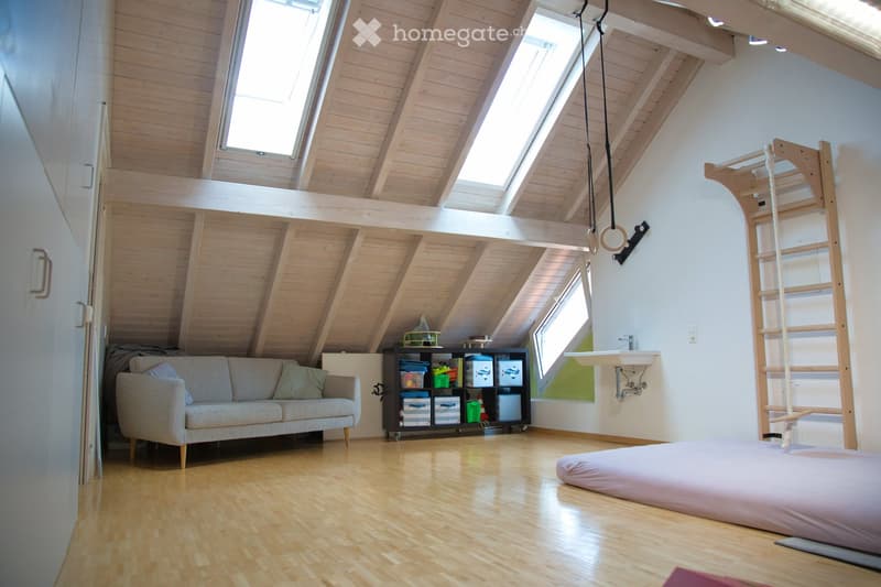 Loft-style room with wooden beams, skylights, a sofa, a bed, a storage unit, a sink, a wooden ladder, and gymnastics rings.