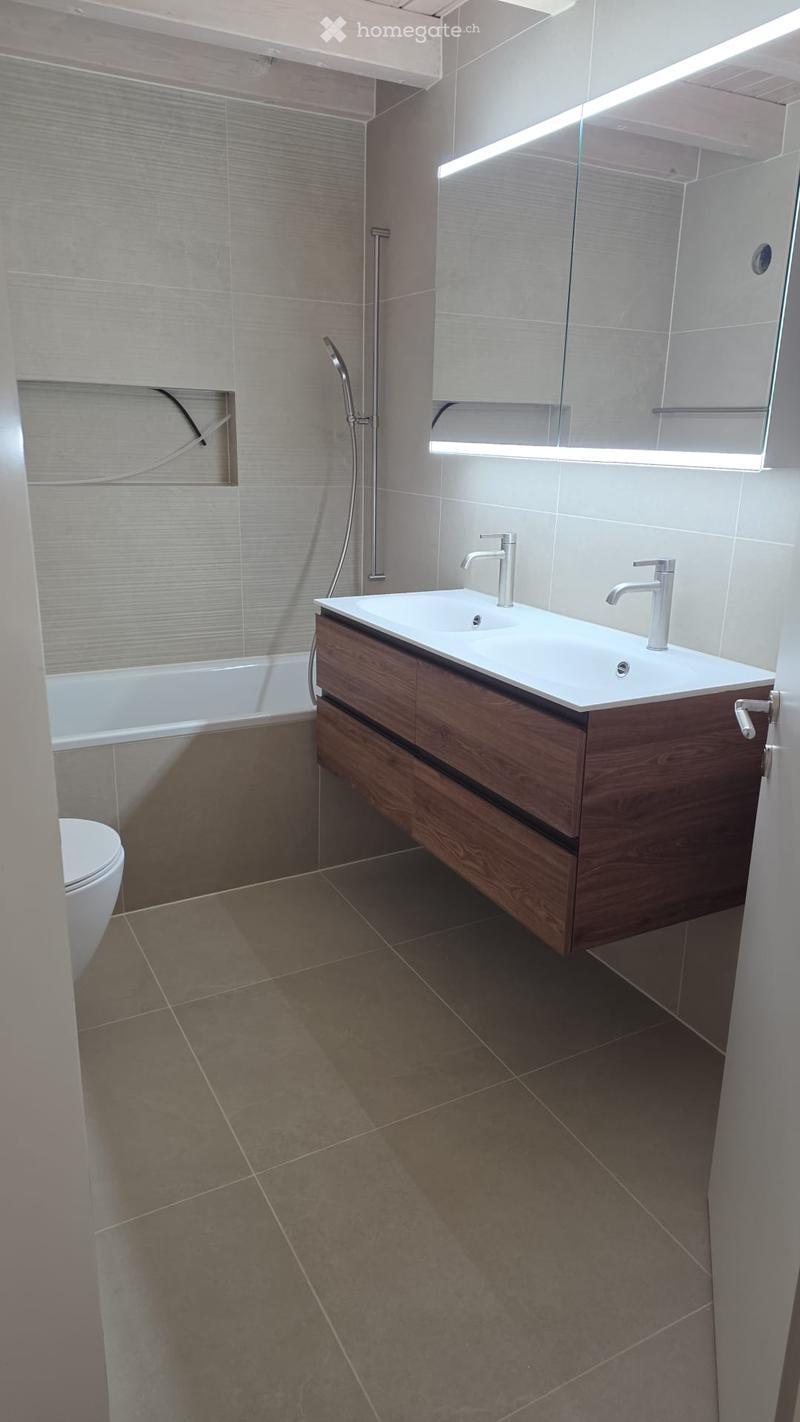 Modern bathroom with a bathtub, sink, toilet, and a glass-enclosed shower area. Features a wooden vanity with a white countertop and silver faucets.