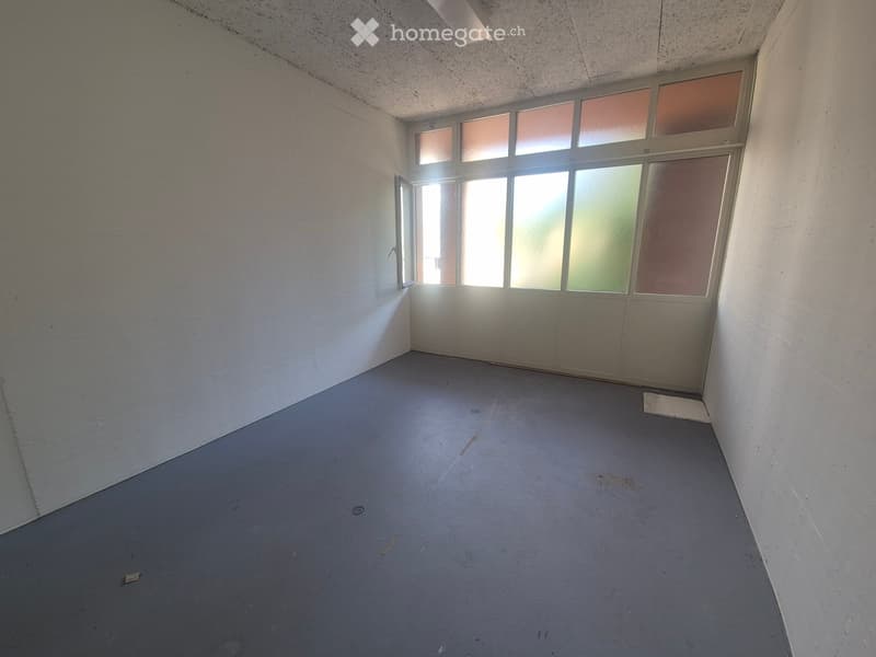 Empty room with bare walls and a grey floor, featuring a large window with frosted glass panels and a door leading outside.