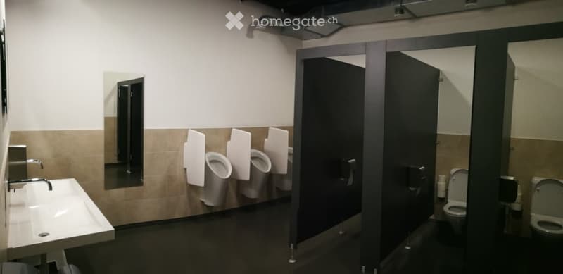 Public restroom with urinals, toilet stalls, a sink, and a mirror. The space is clean and modern with tiled walls and a dark floor.