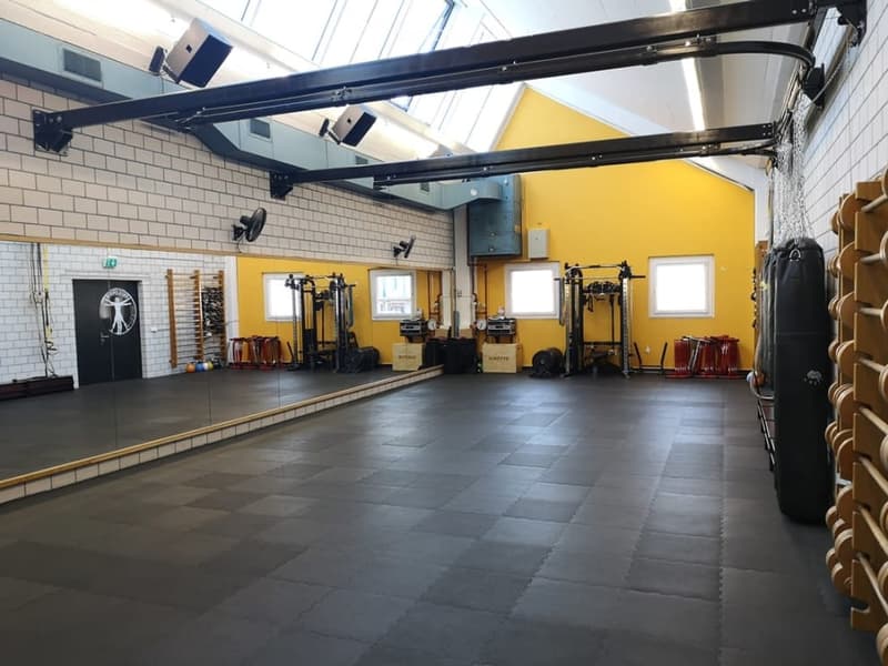 A spacious gym room with a dark rubber floor, large mirror wall, punching bag, weight equipment, and storage racks. The room features yellow accent walls and ample natural light from skylights and windows.