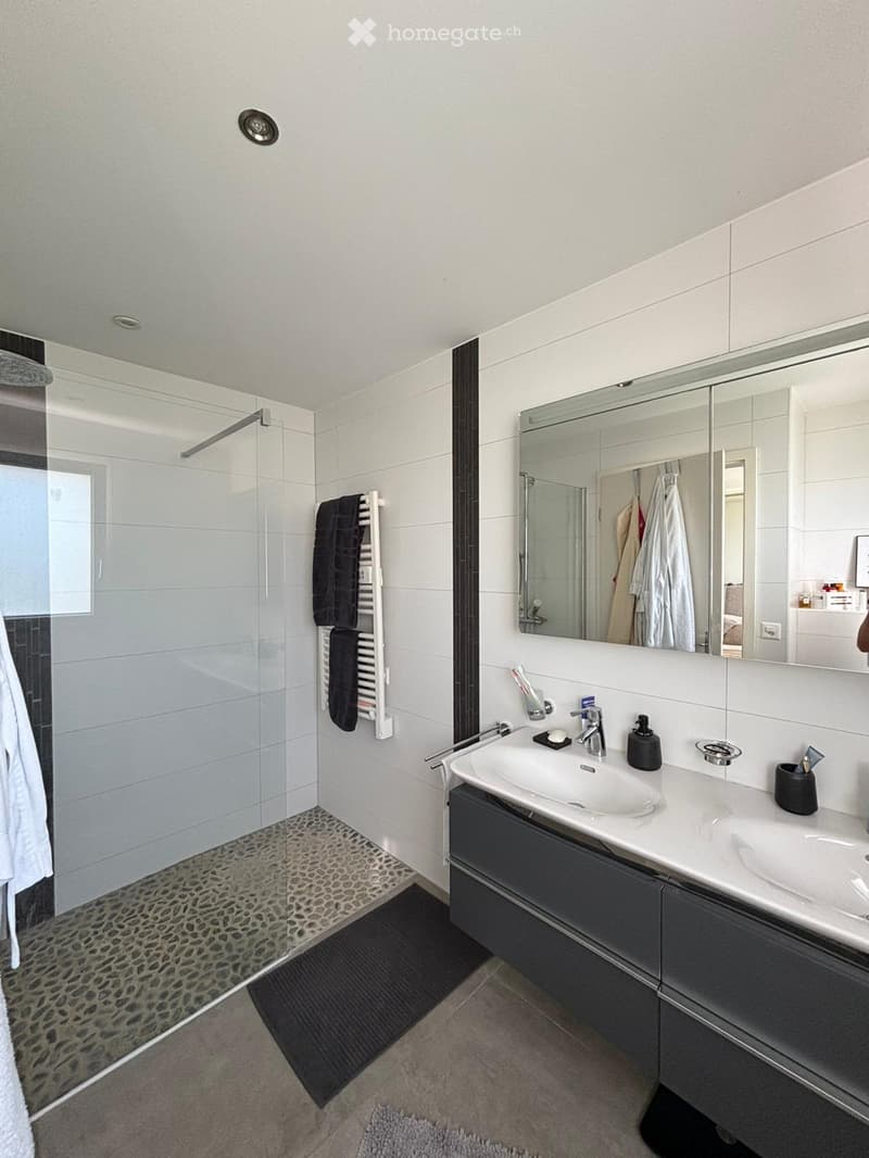 Modern bathroom with a double sink, large mirror, towel rack, and a glass-enclosed shower with a leopard-print floor.