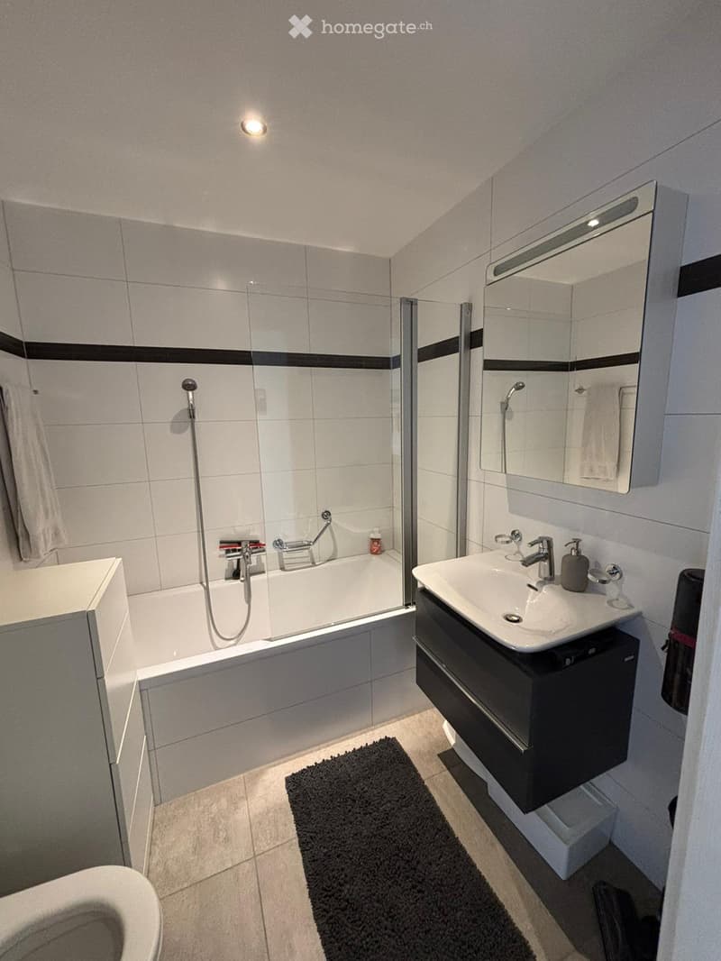 Modern bathroom with a bathtub, sink, mirror, and shower area. Features include a towel on the wall, a black rug on the floor, and a sleek vanity cabinet.