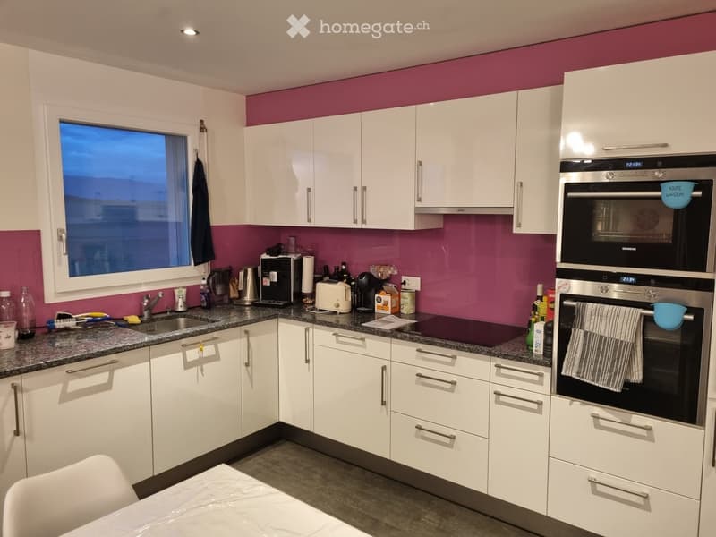 Modern kitchen with white cabinets, granite countertop, stainless steel appliances, and a pink accent wall.