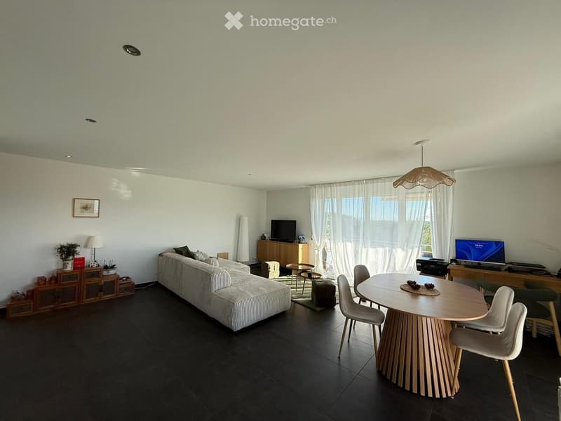 Modern living and dining area with a grey sectional sofa, round wooden dining table, chairs, a TV, and decorative items on a side table.