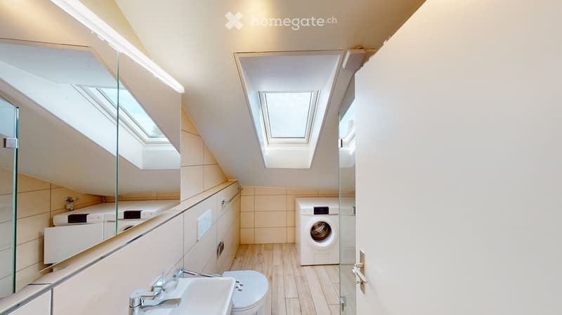 Modern bathroom with skylights, wooden flooring, white cabinets, sink, toilet, and washing machine.
